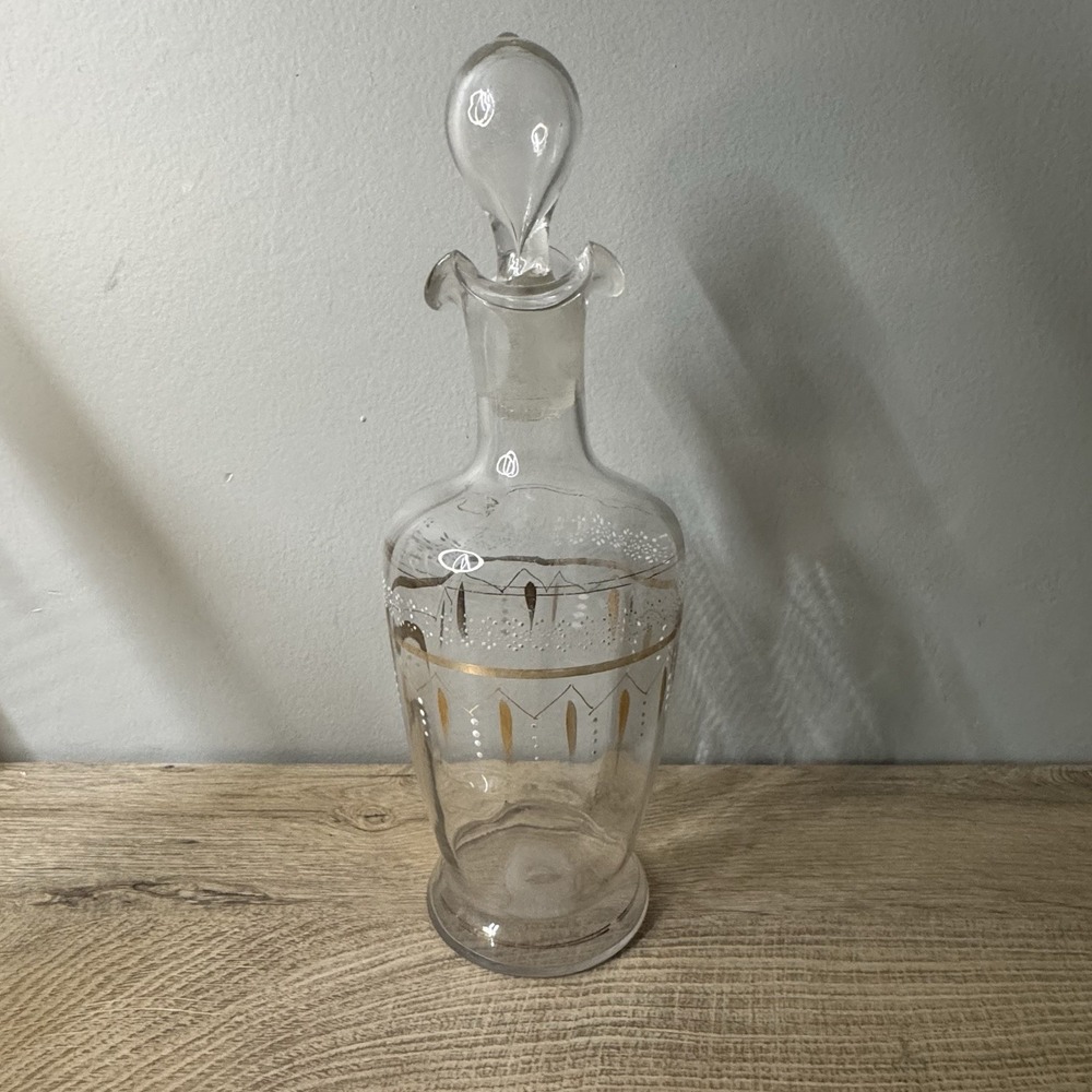 Clear Glass Decanter Hand Painted Floral Jug Ewer Enamel Stopper MCM Vintage